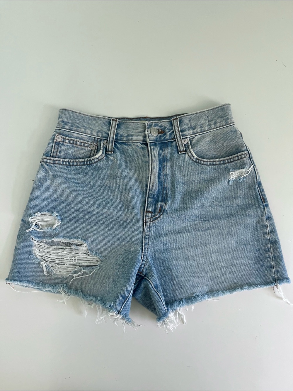 Madewell Light Blue High-Waist Distressed Denim Shorts